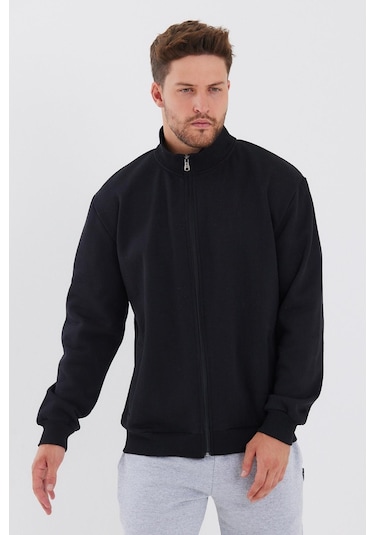 MMetalic İçi Pamuklu Fermuarlı Dik Yaka Yan Cepli Siyah Erkek Hırka 001