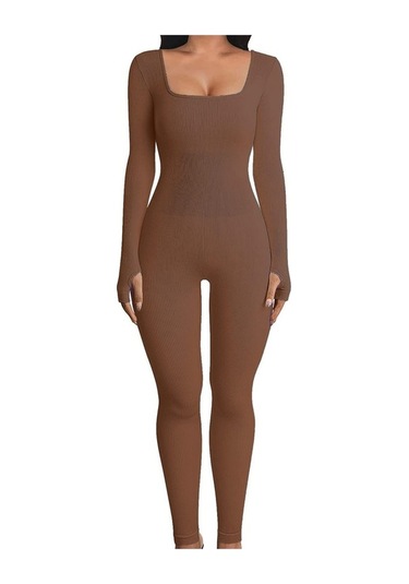 Danrimaoyi Kadın Avrupa Ve Amerika Sonbahar Ve Kış Yeni Varış Dişli Kare Yaka Slim Fit Tulum Kahverengi