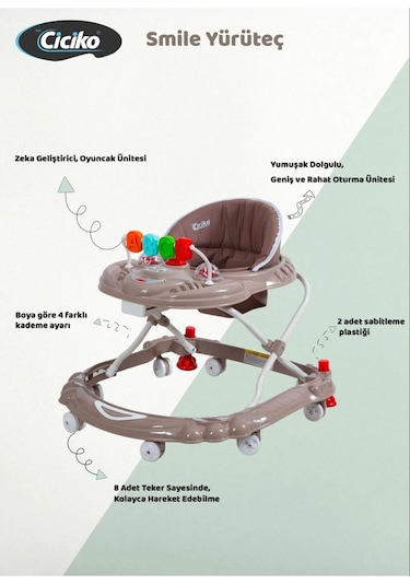 Ciciko Smile Yürüteç Öğretici Ve Stoplu Bej Yürüteç