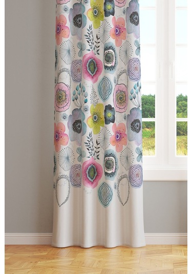 Su Çiçeği Desenli Süet Oturma Odası Salon Fon Perde Baskılı Ekstrafor Büzgü Tek Kanat Prd-1104 Çok Renkli