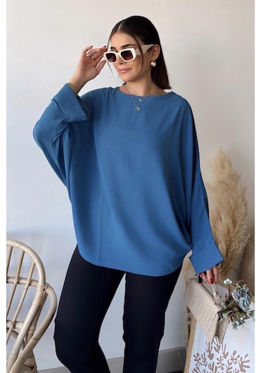 Kadın İndigo Airobin Yarasa Duble Kol Salaş Bluz Ekstra Oversize Yuvarlak Yaka - Tesettüre Uygun Indigo