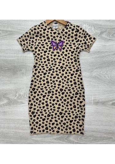 Kelebek Detaylı Fitilli Kız Çocuk Elbise Kahverengi