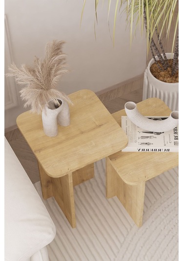 Kare Zigon Sehpa Takımı, 2 Li Set, Yan Sehpa - Safir Meşe
