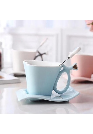 Createtech Mavi Kalp Şeklinde Bardak Set, Sevgililer Günü Hediyesi, Fincan Ve Süt Kaşığı İle Sıcak Kahve Mavi