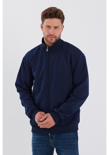 İçi Pamuklu Fermuarlı Dik Yaka Yan Cepli Erkek Lacivert Hırka 001