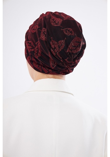 Bordo Simli Büzgülü Tesettür Bone Jakar Çiçek Desenli 2317 16 Bordo