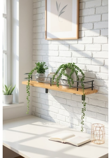 Modern Tasarımlı Metal Korkuluklu Ahşap Duvar Rafı Safir Meşe