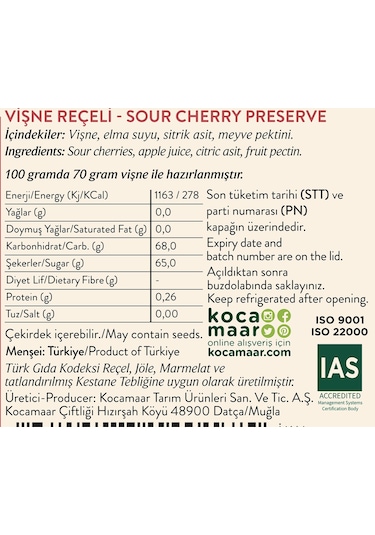 Kocamaar Çiftliği Vişne Reçeli Rafine Şeker İlavesi 265 G