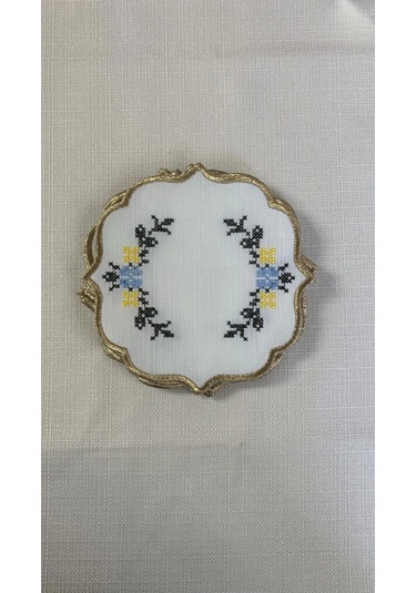 Nivemeshome Kanaviçe Nakışlı Sarı-mavi Oval 6 Adet Keten Kokteyl Peçetesi Kahve Yanı Sunumluk Çok Renkli