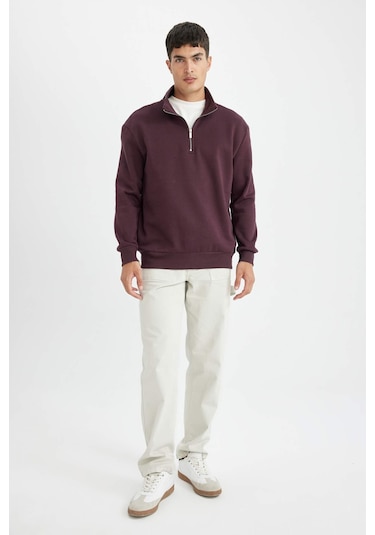 DeFacto Comfort Regular Fit Rahat Kalıp Fermuarlı Dik Yaka Basic Düz Sweatshirt X7405AZ24AUBR150