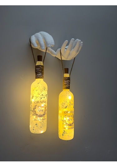 El Yapımı Heykel El Dekorlu Led Işıklı Buzlu Cam Şarap Şişesi Apl Çok Renkli