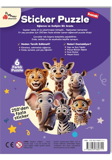 Playever Sticker Puzzle - Safari, Çıkartmalı Yapboz Etkinlik Kitabı