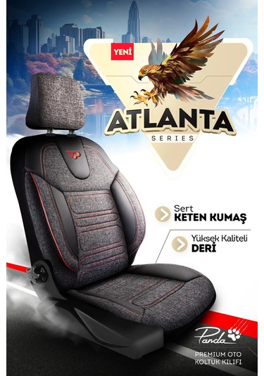 Siyah - Kırmızı Panda Atlanta Serisi Keten Kumaş Oto Koltuk Kılıfı - Tam Set