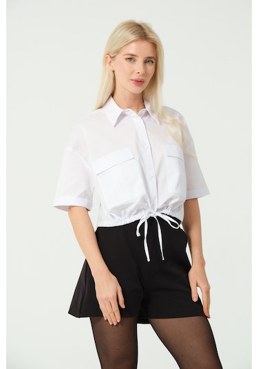 S'amore Clothing Bağcık Detay Crop Gömlek Beyaz Beyaz