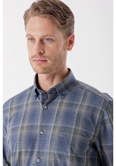 Koyu Lacivert Uzun Kollu Ekoseli Düğmeli Yaka Cepli Garnili Pamuklu Klasik Comfort Fit Gömlek 1004235143-koyu Lacivert Koyu Lacivert