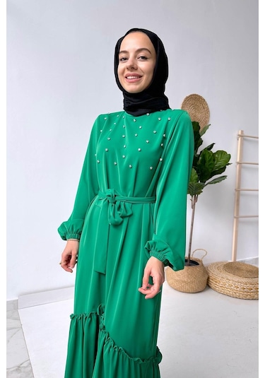 Bright Taşlı Elbise - Yeşil