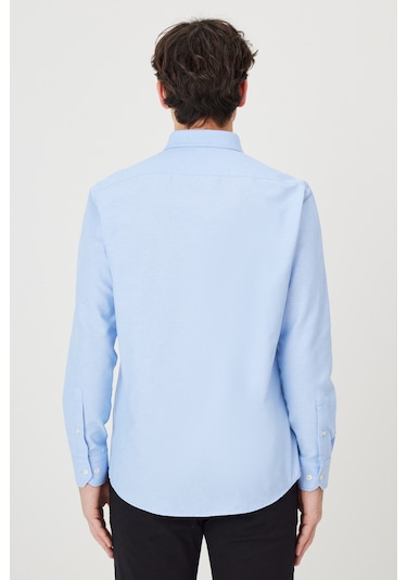 AC&Co / Altınyıldız Classics Tailored Slim Fit Dar Kesim Düğmeli Yaka Oxford Erkek Gömlek Mavi