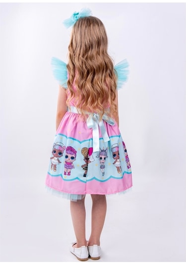 Pembe Bebek Desenli Tül Detaylı Kız Çocuk Parti Elbisesi