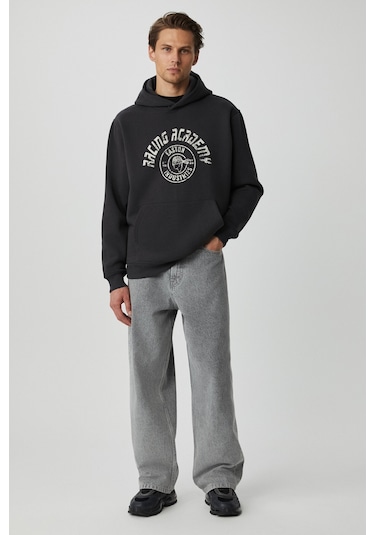 Grimelange Edgar Erkek Yumuşacık Kapüşonlu Oversize Antrasit Sweatshirt
