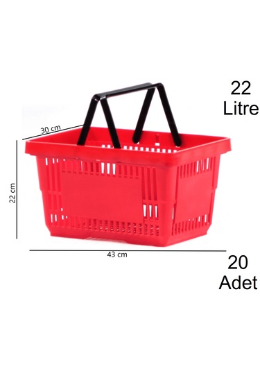 22 Litre Plastik Market Alışveriş El Sepeti Kırmızı 20 Adet / En:30 Boy:43 Yükseklik:22 Cm Kırmızı