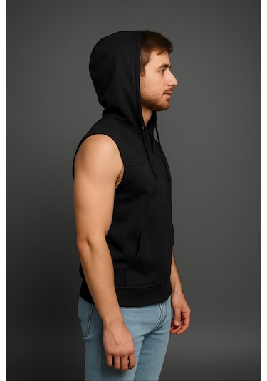 Axxel Erkek Siyah Fermuarlı Kapüşonlu Kanguru Cepli Kolsuz Yelek-y1142 Siyah