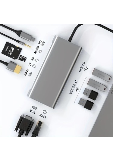 Honeybeeshop H90 Usb C Hub 11li Adaptör 4k Hdtv Vga Type C Pd Rj45 Ethernet Sd Tf Kart Okuyucu 35mm Aux Macbook Pro Air Ve Type C Dizüstü Uyumlu