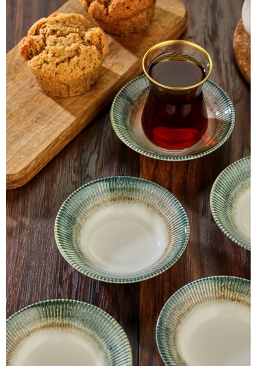 Cooker 6'lı Desenli Porselen Çay Tabağı Yeşil