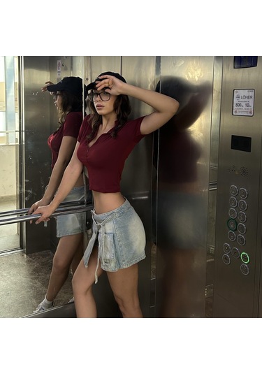 Bordo Balıkçı Yaka Yarım Fermuarlı Kısa Kollu Crop-6389 Bordo