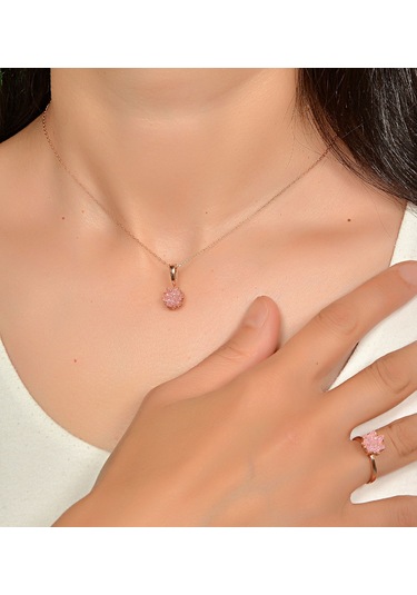 Rose Altın Kaplama Pembe Lotus Çiçeği Kadın Kolye Yüzük  Set Pembe