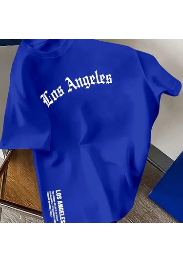 Guılan Erkek %100 Pamuk Los Angeles Baskılı Gevşek Yuvarlak Boyun Kısa Kollu Tişörtmavi Mavi