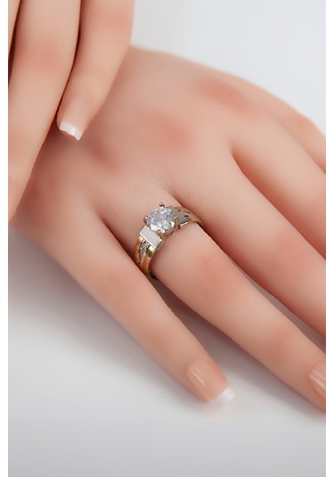 925 Ayar Gümüş Zirkon Taşlı Çift Renk Üç Sıra Bayan Alyans Yüzük -7964