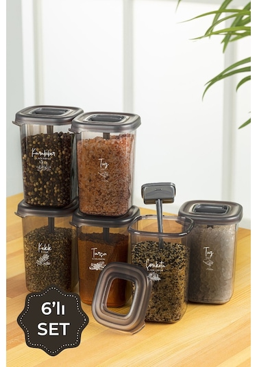 Vienev Beyaz Serigrafi Etiketli Kendinden Kaşıklı 6lı Luna Baharatlık Saklama Kabı Şeffaf