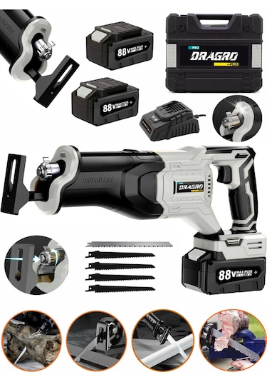 Dragro Alman DRG-88V 10 Ah Çift Akülü Tilki Kuyruğu Ağaç Dal Kurban Kesim Makinesi + 5 Adet Bıçak Şarjlı Tilki Gri