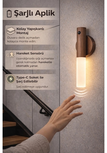 Sensörlü Dekoratif Meşale Duvar Aplik Led Gece Lambası Mıknatıslı Model Kahverengi