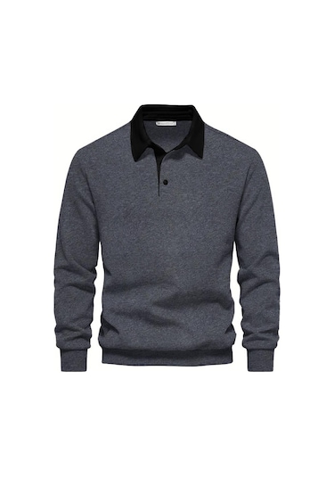 Ghassy Co. Erkek Retro Renk Bloklu Pamuklu Gömlek Yaka Sweatshirt Antrasit