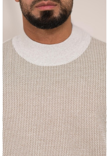 Woolen World Balıkçı Yaka Desenli Yünlü Erkek Triko Kazak Krem