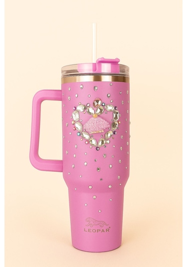 Pipetli 1,2 Litre Kulplu Çelik Termos Renkli Üzeri Taş İşlemeli - Pembe Pembe