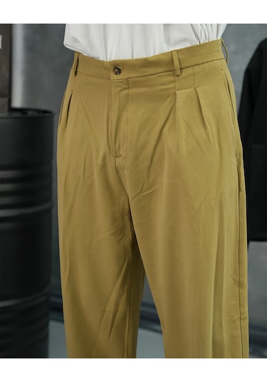 Modefendi Baggy Kalıp Pile Detaylı Kumaş Pantolon Hardal