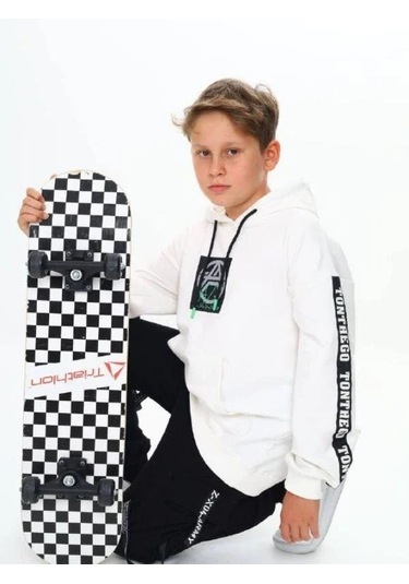 Çocuk Kapüşonlu Stay Strong Yazılıi Sweatshirt-14816 Ekru