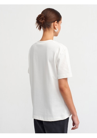 Dilvin Dekoratif Dikişli Bisiklet Yaka Tshirt Ekru