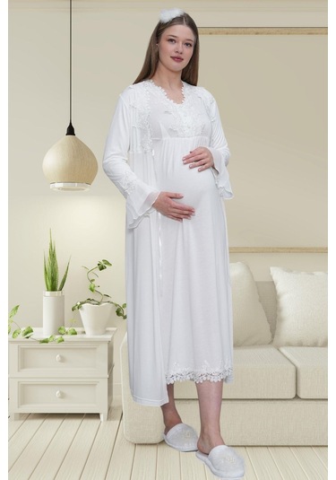 Mecit Pijama Mecit 1518 Ekru Sabahlıklı Lohusa Gecelik Takım