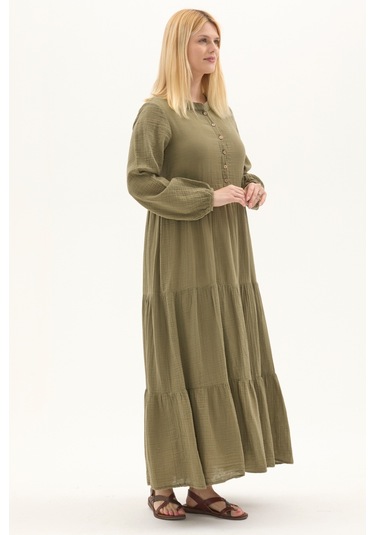 Uzun Kol Haki Düğmeli Yazlık Uzun Müslin Elbise
