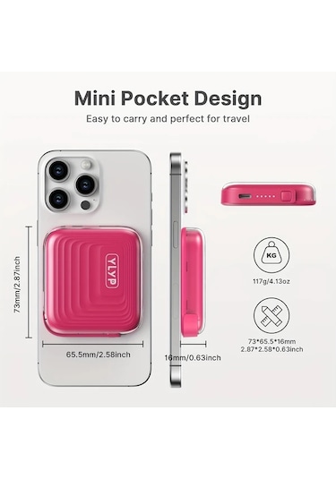 Brightnova Rosy 5000mah Mini Ultra Ince Manyetik Kablosuz Power Bank 15w Kablosuz Sarj 225w Pd Hizli Sarj Led Ekran Alt N