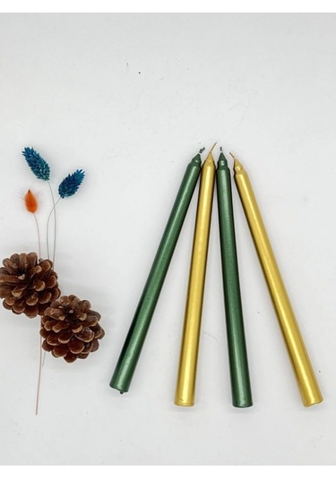 Denic 4 lü Metalik Yeşil ve Gold  Şamdan Mum Konik Mum