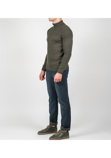 Erkek Tam Boğazlı Örgü Desenli Slim Fit Kazak Ncs Jeans 3659-Haki