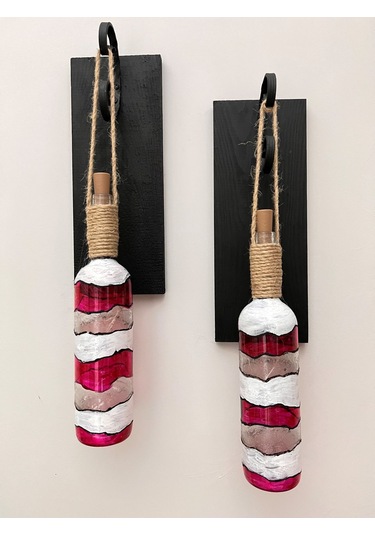 Ahşap Kırmızı Renkli Vitray Cam Şarap Şişesi Duvar Aplik 2'li Kırmızı