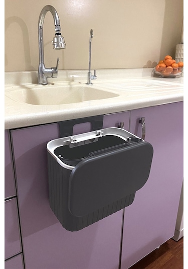 Biltaş Plastik Vailo Gri Çizgili 8 Lt Mutfak Tezgah Üstü Ve Dolap Askılı Çöp Kovası Gri