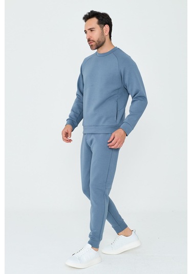 White Stone Mavi Pamuklu Erkek Basic Sweatshirt Blue