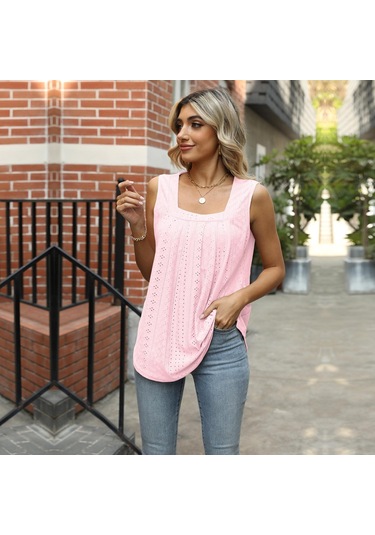 Pembe Gmxıa Kadın Modası Günlük Düz Renk Baskı Kolsuz Kare Yaka Bluzlar Ve Gömlekler