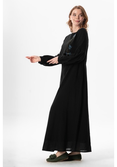 Uzun Kol Şile Bezi Gülşah Bisiklet Yaka Nakışlı Uzun Yazlık Elbise Siyah Syh Siyah